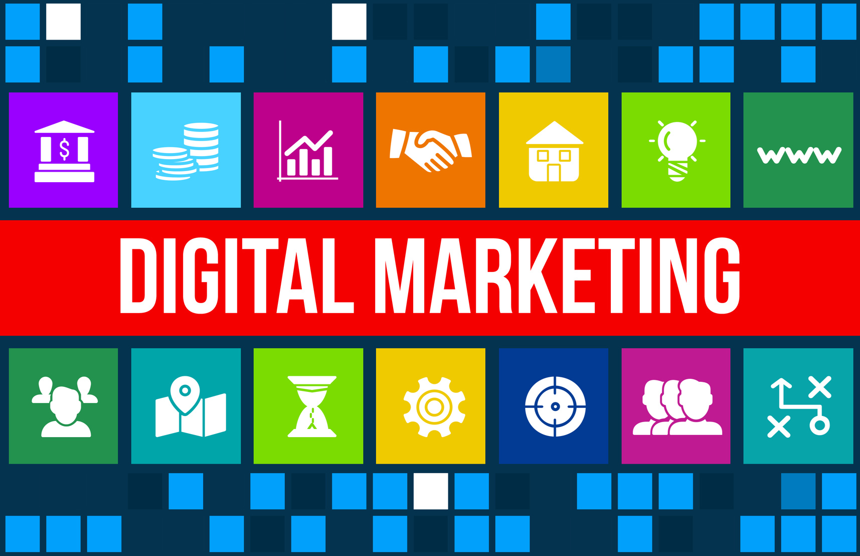 Digital Marketing concept image with business icons and copyspace.