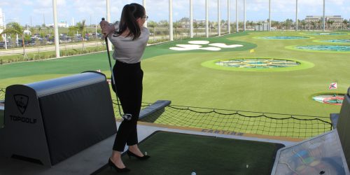 Doral Chamber of Commerce introduces a golfer making points at Topgolf Doral Networking Luncheon Event.