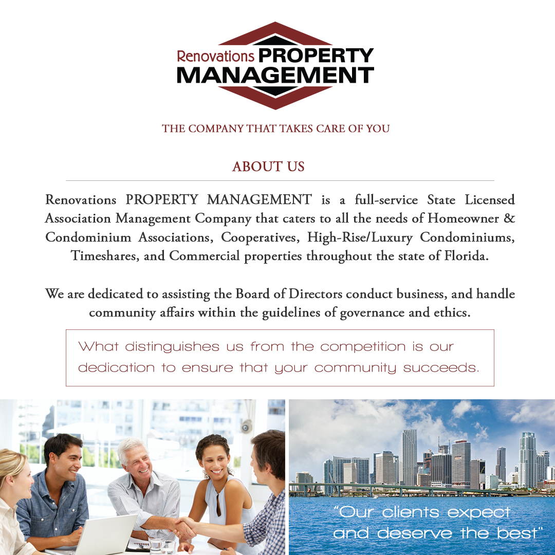 Renovations Property Management is a full-service State Licensed Association Management Company. A Doral Chamber of Commerce member.