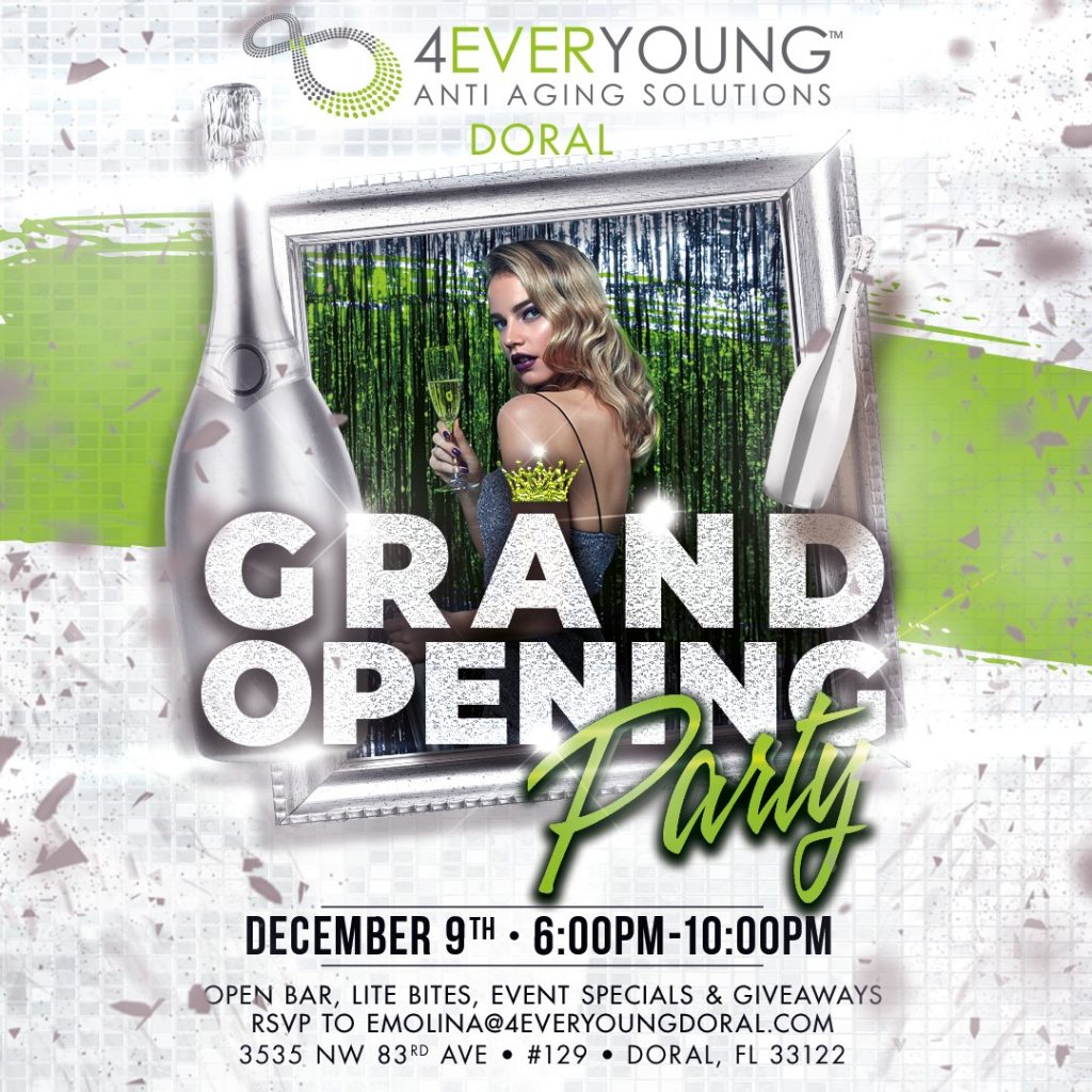4EverYoung Doral's Grand Opening December 9th. Picture of 2 champagne bottles surrounding a silver frame with picture of a woman. 4EverYoung Logo Doral on top of the frame.