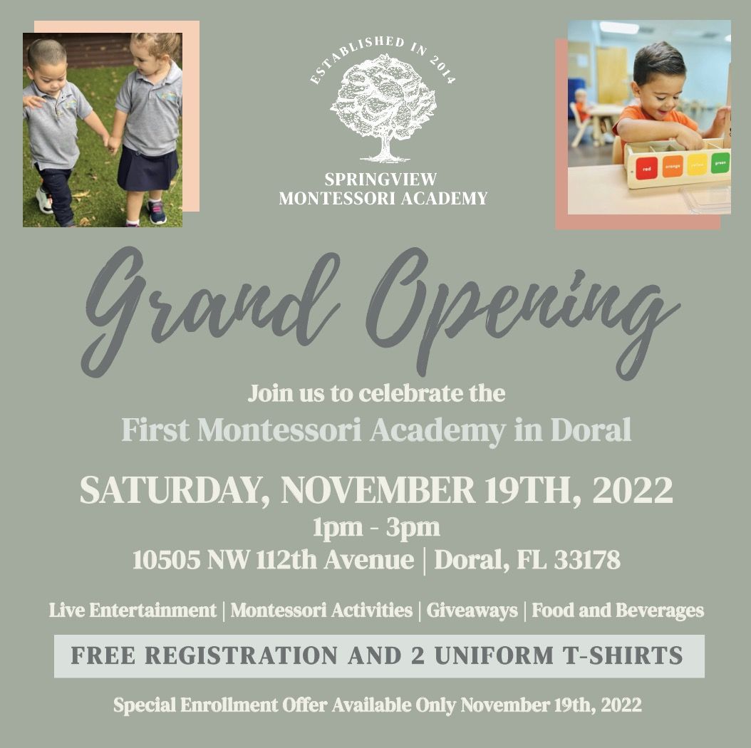 Flyer for Picture of Classroom and Students Studying on School. Springview Montessori Academy Grand Opening Doral Chamber of Commerce members.