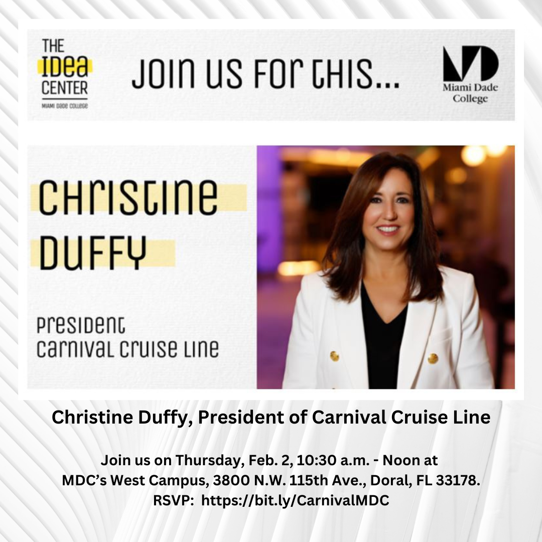 We could not think of a better person than Christine Duffy, president of Carnival Cruise Line to be the headliner for this groundbreaking moment. Duffy will be in conversation with MDC President Madeline Pumariega during this event. You can expect to learn about how to create an inclusive and fun work culture, incorporate sustainability into business practices, grow a workforce leveraging technology, and more.