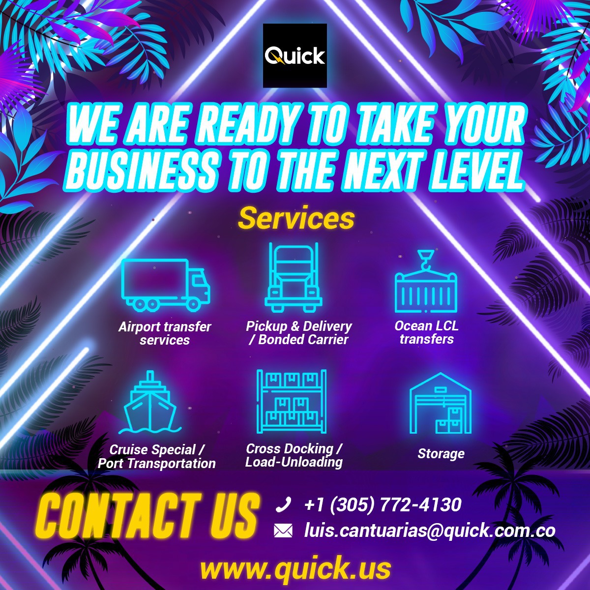 Facebook, Instagram & Linkedin: Did you know Quick is your fastest and most efficient partner for transportation, distribution and warehouse in Miami? This is why. Email: Did you know Quick is your fastest and most efficient partner for transportation, distribution and warehouse in Miami? This is why As we use our own technology, a TMS called SmartQuick, we can offer our customers the reduction of logistics costs between 10 and 20%, achieving optimization in loading vehicles, making logical routes for deliveries, which reduces transit times and increases the number of deliveries per vehicle and offering better customer service because we report in real time the status of the order.