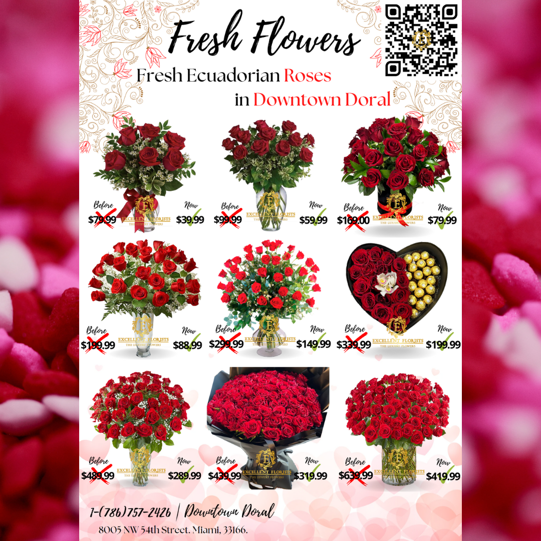 Visit the biggest and best flower market in Doral! Fresh Flowers bulk roses, lilies tulips orchids and more Custom Designs Handtied Bouquets Luxury Flower Cases Rose Bears Preserved Flowers Chocolates Balloons Flower arrangements Much, MUCH more Share the love but some flowers