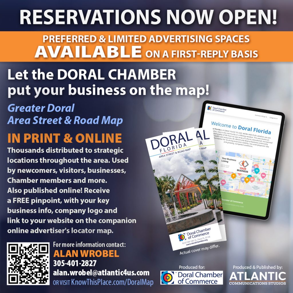 Atlantic Communications Studios Put your business on the Greater Doral Area Street & Road Map, published in print and online! Area-wide distribution in Fall, 2023. Also published online with your company logo and key business info