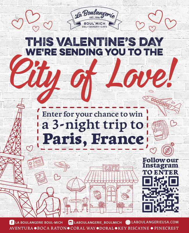 La Boulangerie Valentine's Day Giveaway Pack your bags and get ready for your chance to win a FREE trip for two to Paris, The City of Love. Prize includes flights and hotel stay for 3 nights. To enter the giveaway, see contest rules.