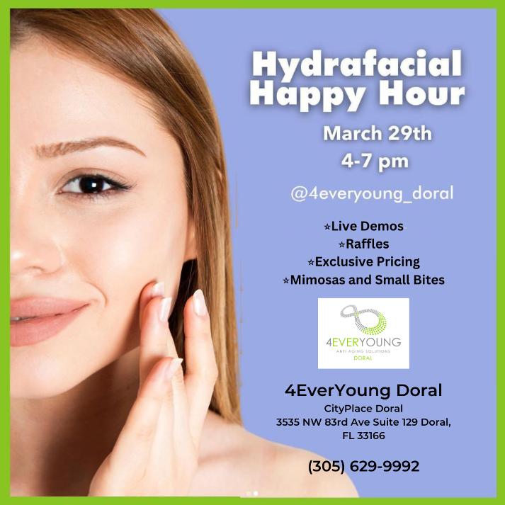 4Ever Young Hydrafacial Do not miss our #HappyHour Come to our center this Wednesday March 29 from 4-7 pm and enjoy Live demos Raffles Exclusive pricing Mimosas and small bites Happy Hour