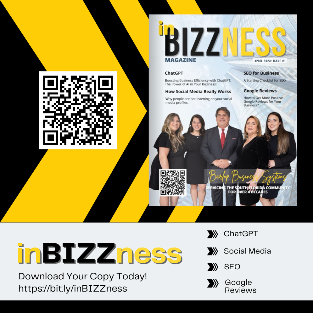 The inaugural issue of inBIZZness Magazine is now live and available to read online. This digital publication features insights and stories from successful entrepreneurs and business leaders, as well as tips and strategies for growing your own business. The first issue covers topics such as Social Media, SEO, Google Reviews, and ChatGPT.