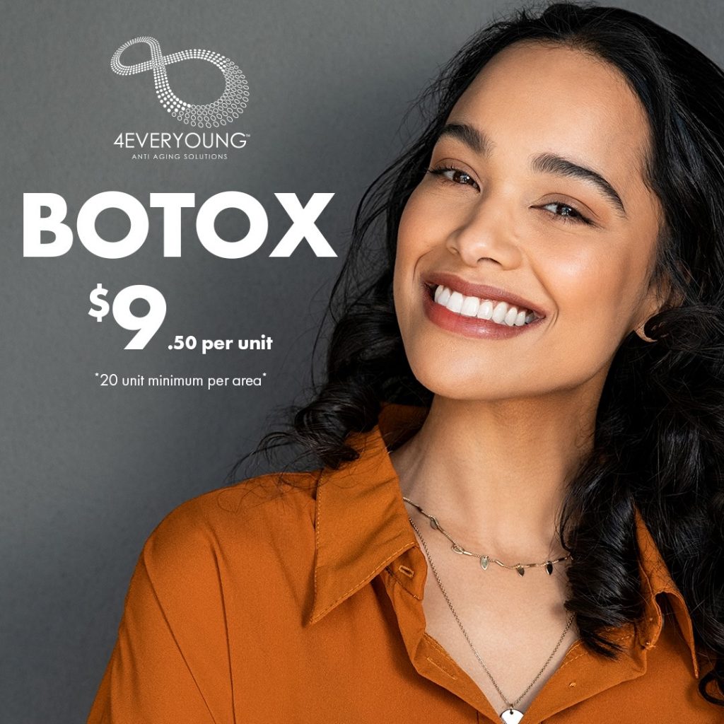 April promotions 4Ever Young $50 OFF each area of Botox , $120 OFF all fillers, $75 OFF micro-needling, Free B-12 shot with Wellness Consultation, Free sexual enhancement sample with HRT sign up