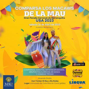 Millennia Atlantic University extiende su invitación a toda la comunidad para participar de la Comparsa "Los Macaws de la MAU" a salir en La Gran Parada del Carnaval de Barranquilla Miami-USA que se llevará a cabo el sábado 22 de abril a las 2:00 p.m. El desfile empezará en el Consulado de Colombia en Coral Gables y finalizará en el Parque Fred B. Harnett Ponce Circle Park.