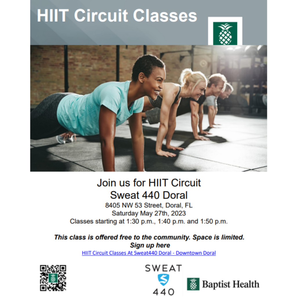 Sweat440 Doral is hosting a healthy workout event for the Community in partnership with Baptist Health and Downtown Doral. Sign up for the event via Eventbrite on May 27th, as space is limited.