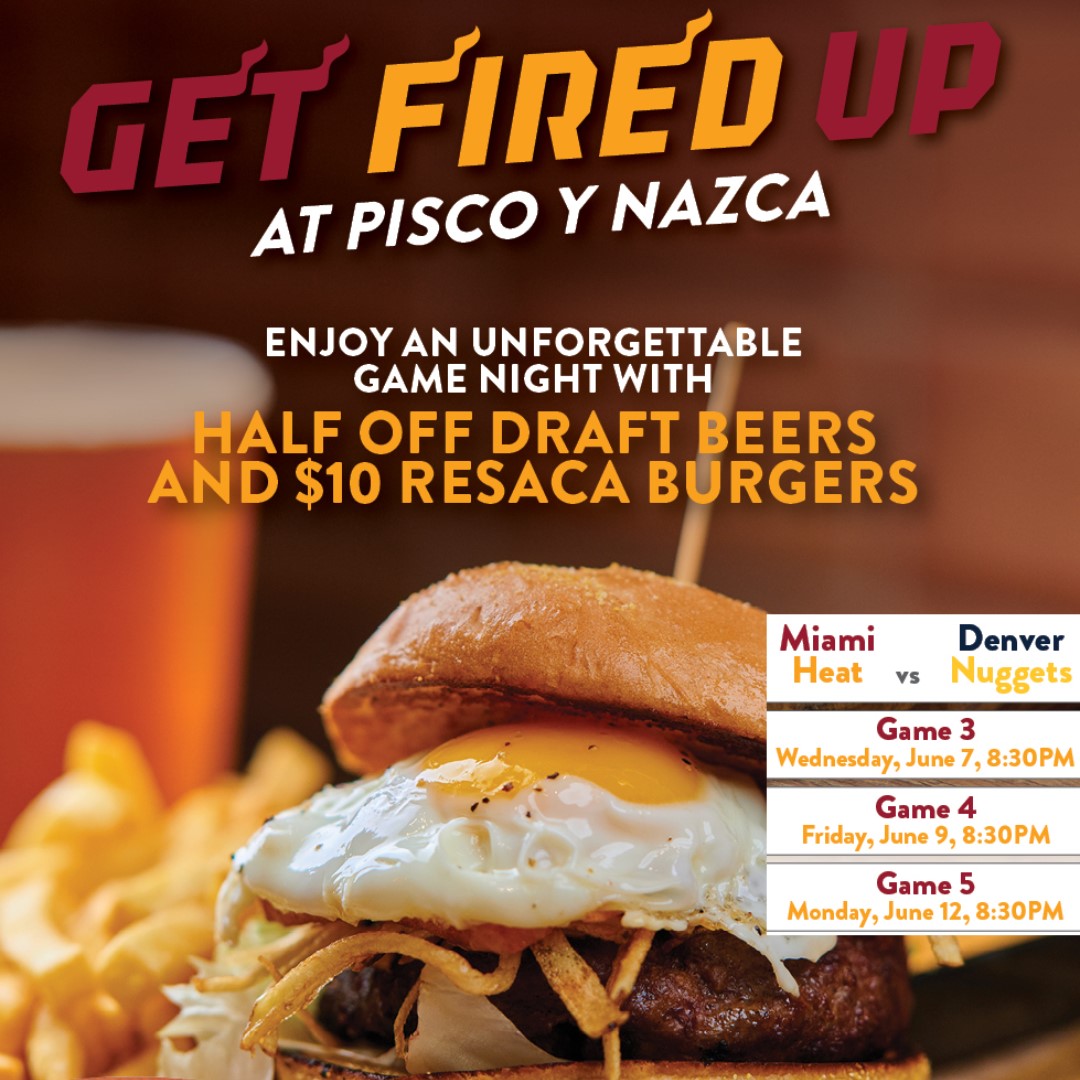 Pisco Y Nazca Ceviche Gastrobar GET FIRED UP! Enjoy an unforgettable game night with HALF OFF DRAFT BEERS AND $10. RESACA BURGERS