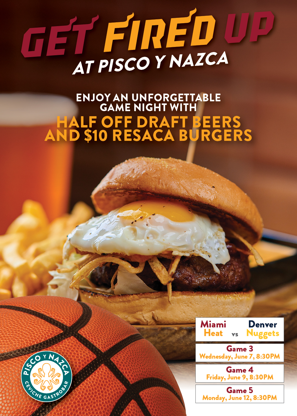 Pisco Y Nazca Ceviche Gastrobar GET FIRED UP! Enjoy an unforgettable game night with HALF OFF DRAFT BEERS AND $10. RESACA BURGERS