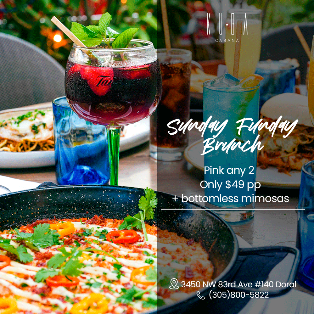 Kuba Cabana has the BEST Brunch experience in town! Our exclusive YOU PICK 2 in which you get to choose between an Appetizer or Dessert + 1 Main Entree including unlimited mimosas for just $49.00.