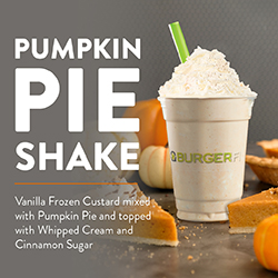 It’s officially Fall y’all! For a limited time, you can enjoy A REAL Pumpkin Pie Shake made with vanilla frozen custard and real Pumpkin, topped with Whipped Cream + sweet Cinnamon Sugar.