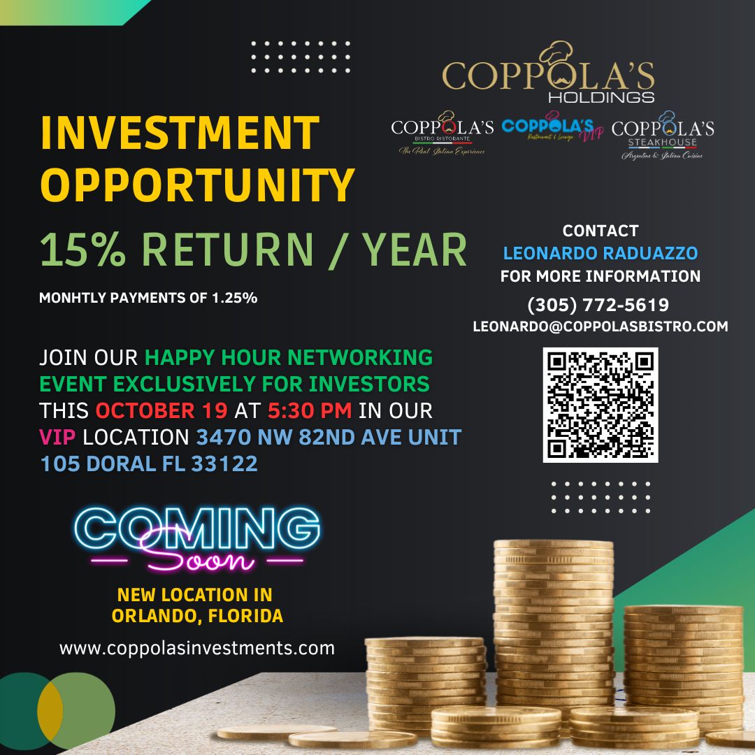 Coppola's VIP Restaurant & Lounge Exclusive Investment Opportunity: ﻿Join us for a Happy Hour Networking Event!
