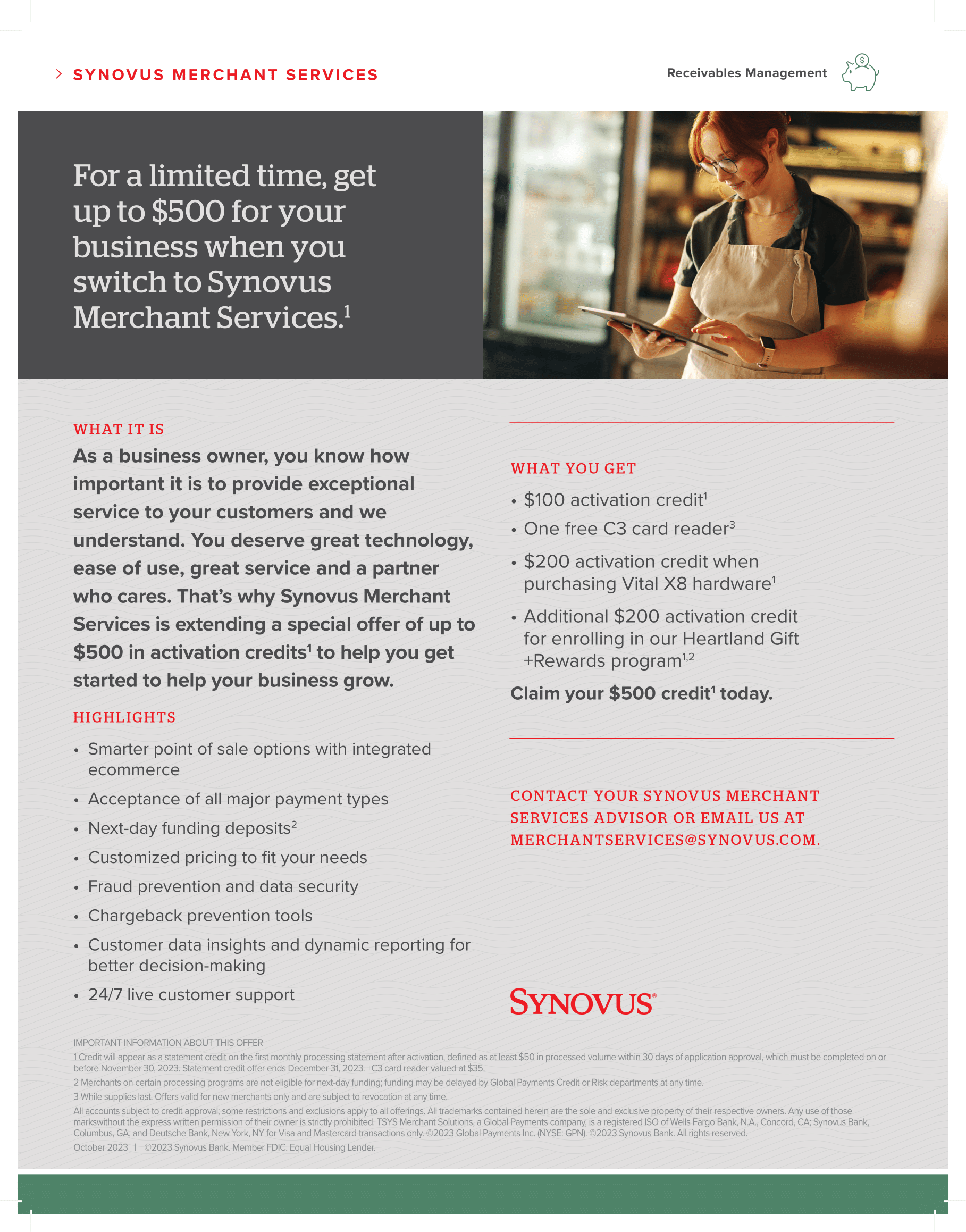 Synovus Bank For a limited time up to $500 for your business