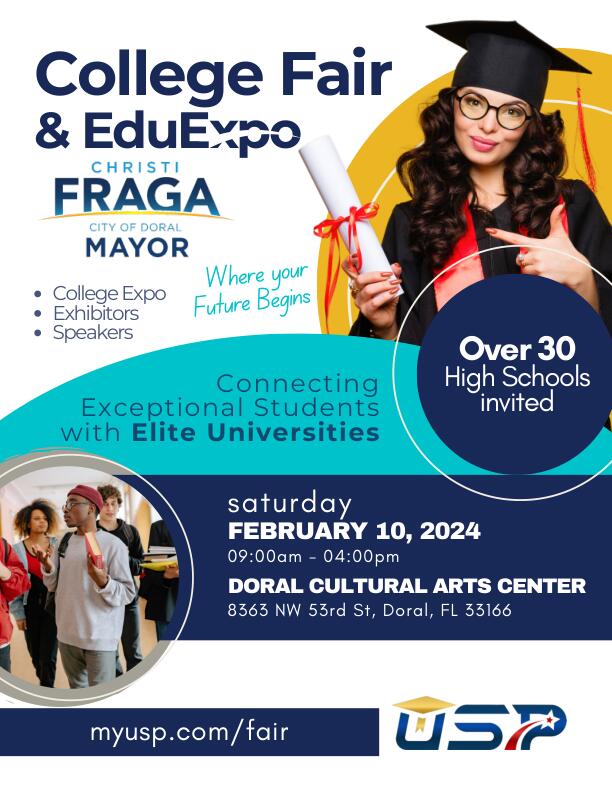USP inaugural event, hosted by Mayor Christi Fraga of the City of Doral, is set to take place on Saturday, February 10, 2024, from 9 AM to 4 PM at the Doral Cultural Arts Center (8363 NW 53rd St, Doral, FL 33166).
