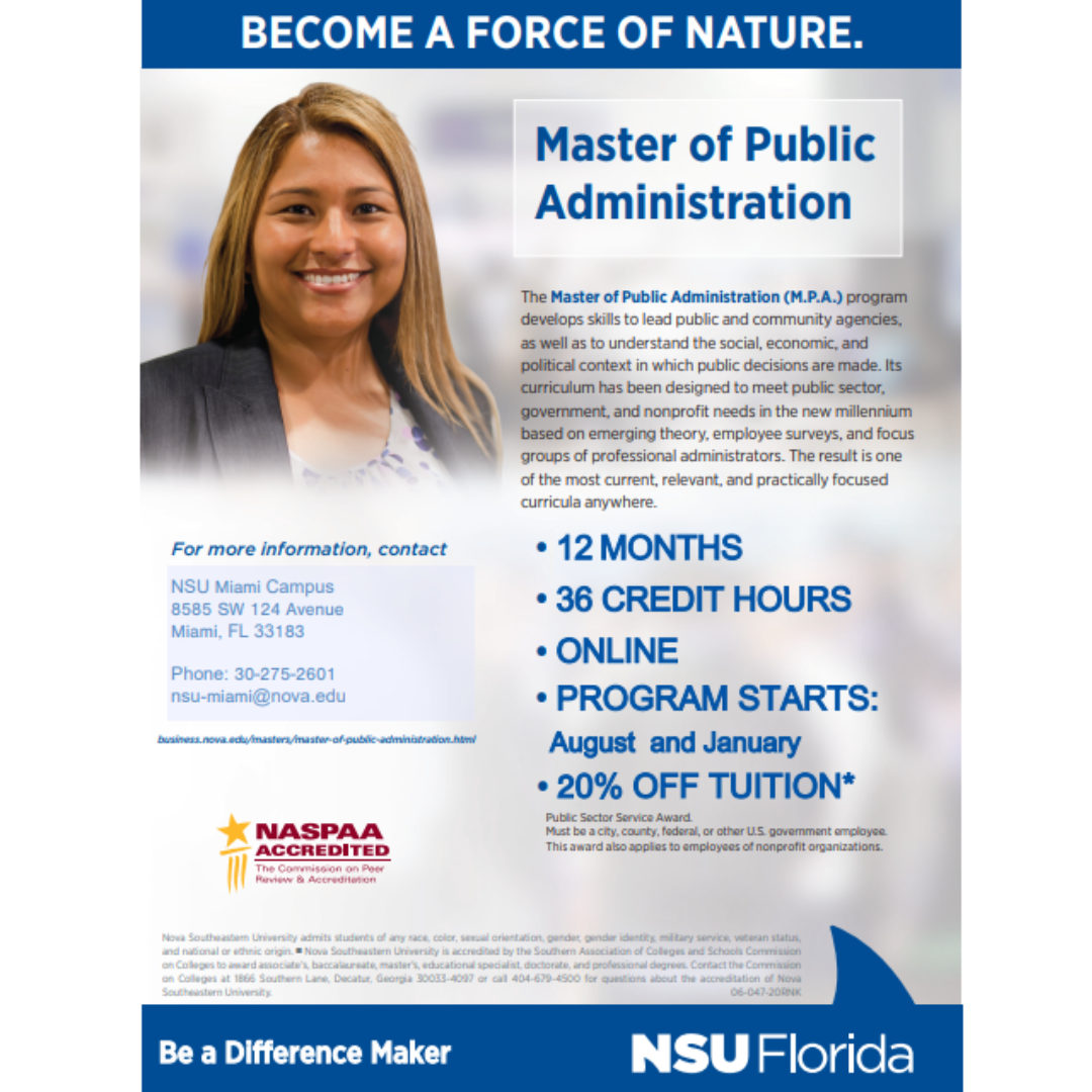 Nova Southeastern University NSU Become a force of nature, Master of public administration