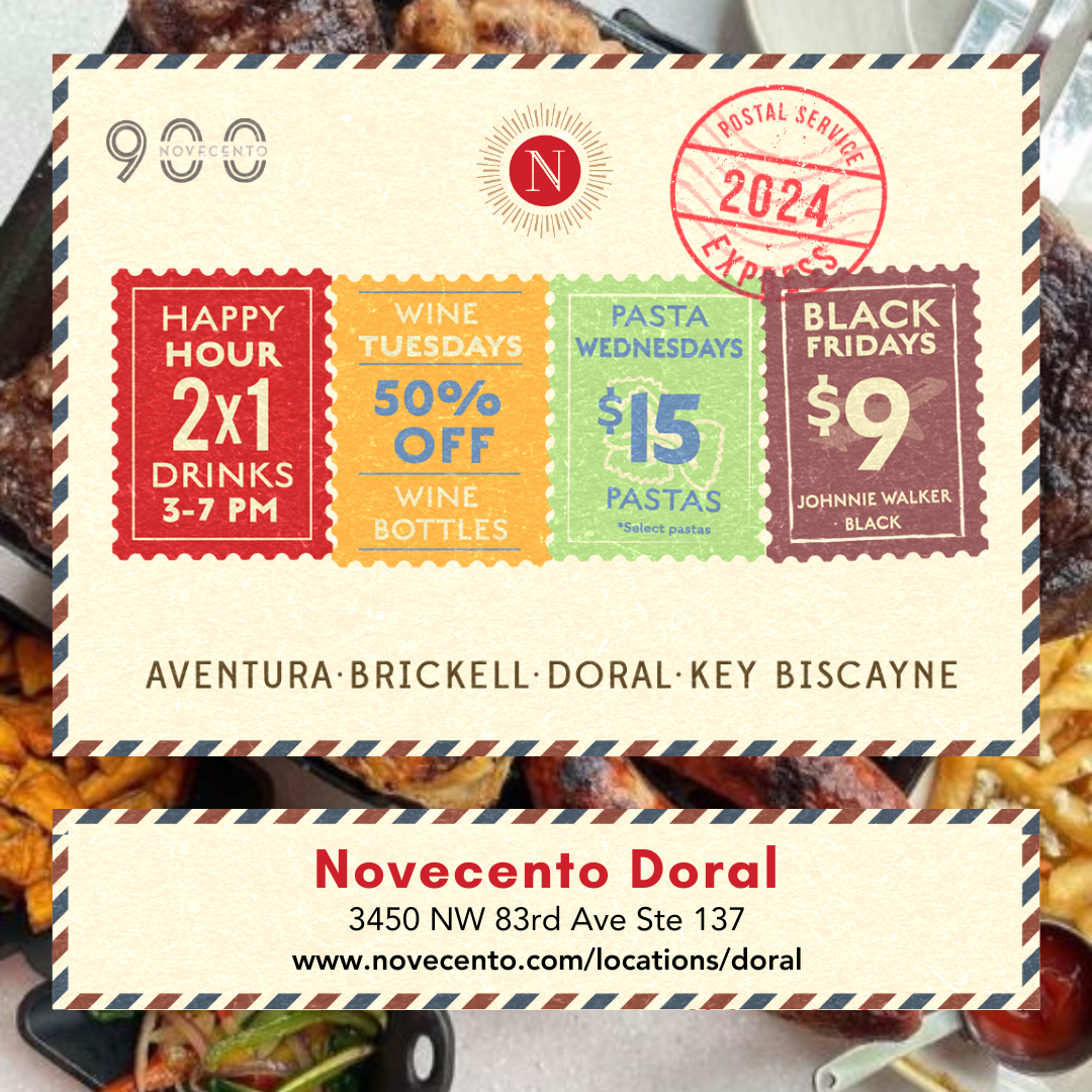 Novecento Doral features copper accents and natural wood finishes.