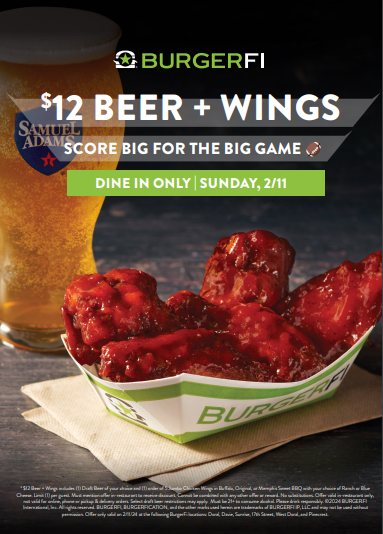 BurgerFi CityPlace Doral ﻿$12 Beer + Wings includes Offer only valid on 2/11/24 at the following BurgerFi locations: Doral, Davie, Sunrise, 17th Street, West Doral, and Pinecrest.