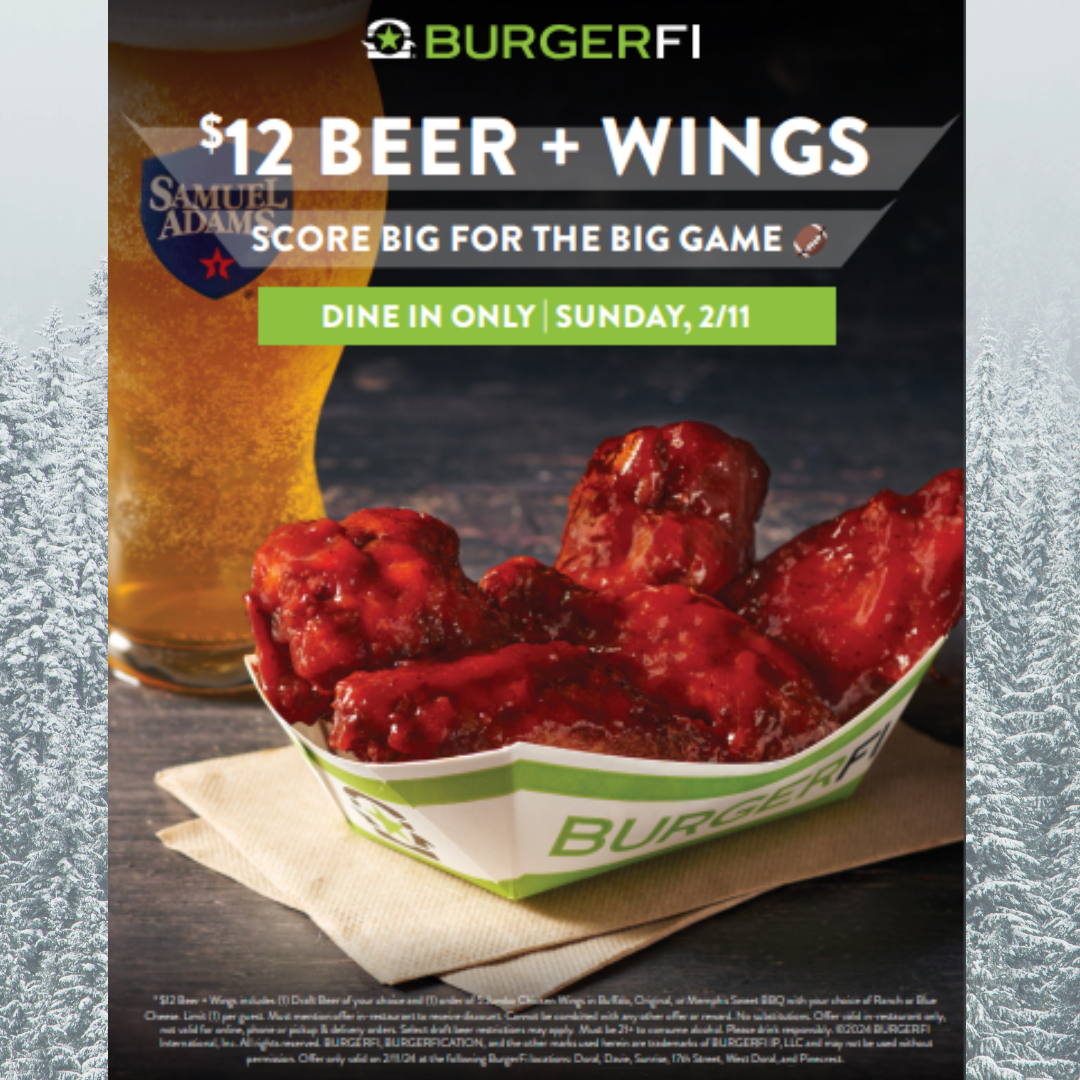 BurgerFi CityPlace Doral ﻿$12 Beer + Wings includes Offer only valid on 2/11/24 at the following BurgerFi locations: Doral, Davie, Sunrise, 17th Street, West Doral, and Pinecrest.