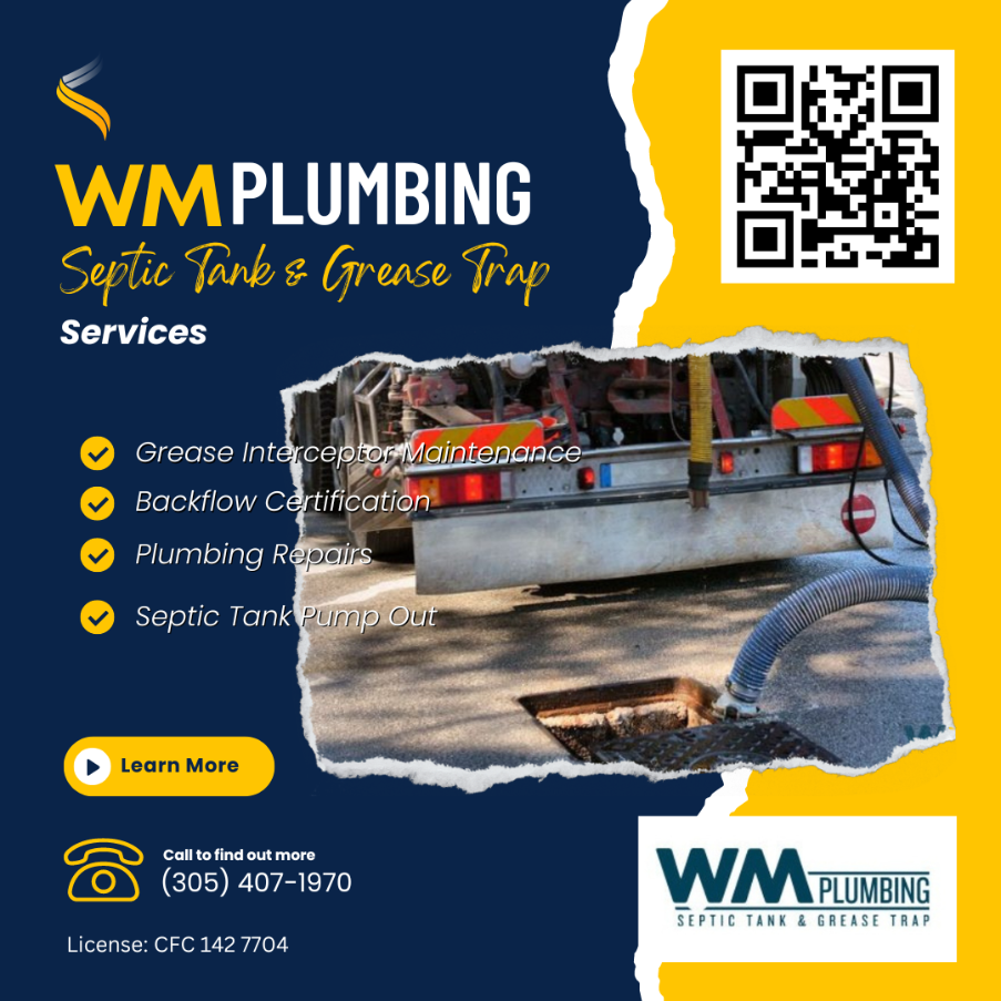 WM Plumbing Septic Tank & Grease Trap, your trusted solution for all plumbing needs in Miami. With years of experience in providing high-quality plumbing services for both residential and commercial properties, our team of highly skilled and experienced plumbers is committed to delivering efficient and cost-effective solutions.
