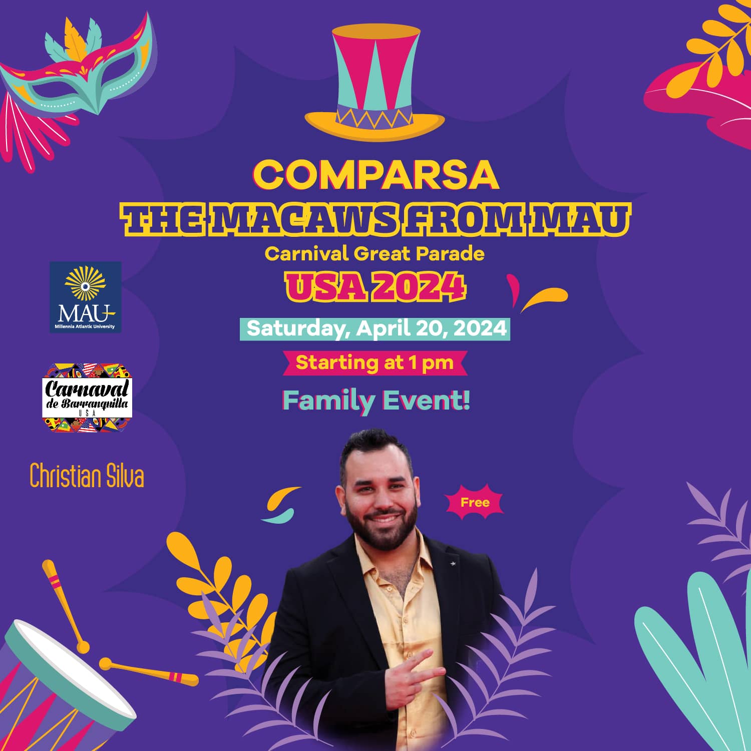 Millennia Atlantic University is thrilled to invite you to “The Great Parade of the Barranquilla Carnival Miami-USA” on Saturday, April 20th, from 12:00 p.m. until 6:00 p.m.