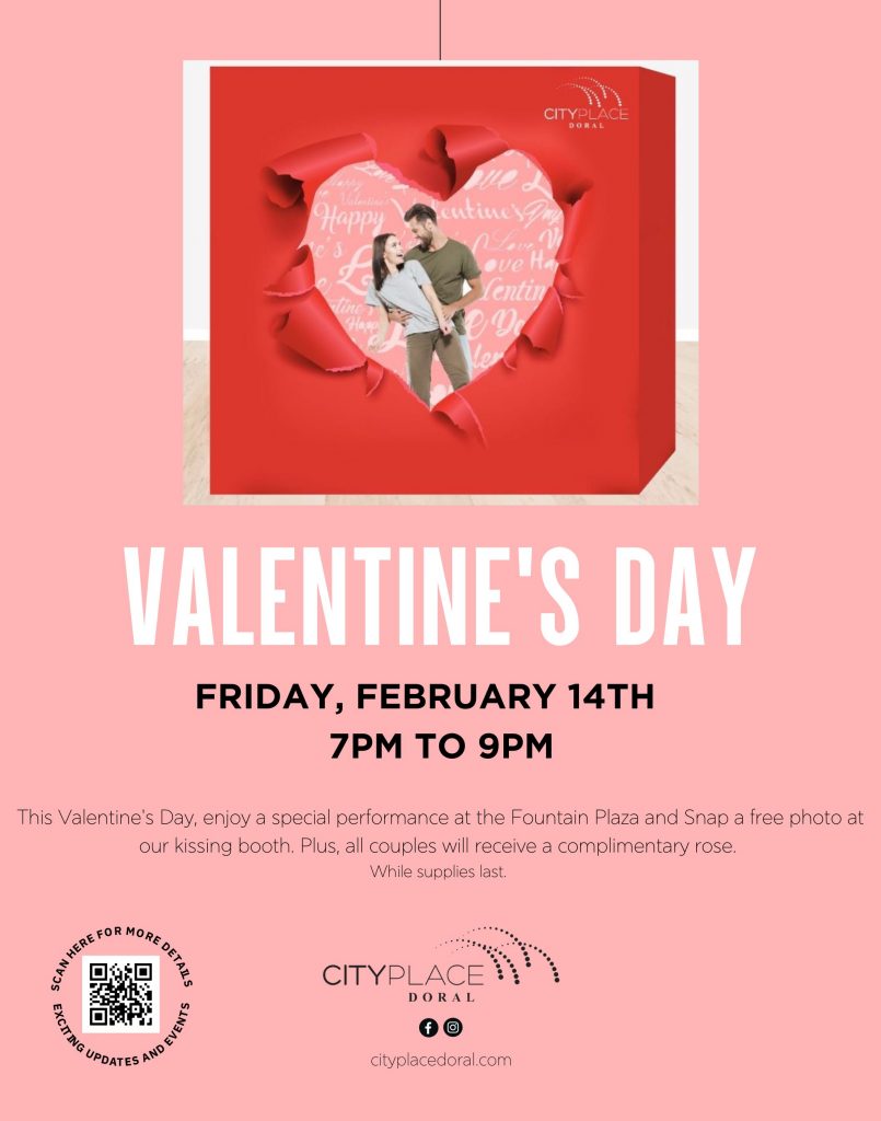 This Valentine's Day, enjoy a special performance at CityPlace Doral’s Fountain Plaza with instrumental smooth jazz classics by Saxophone Player Frank Sax on Friday, February 14th