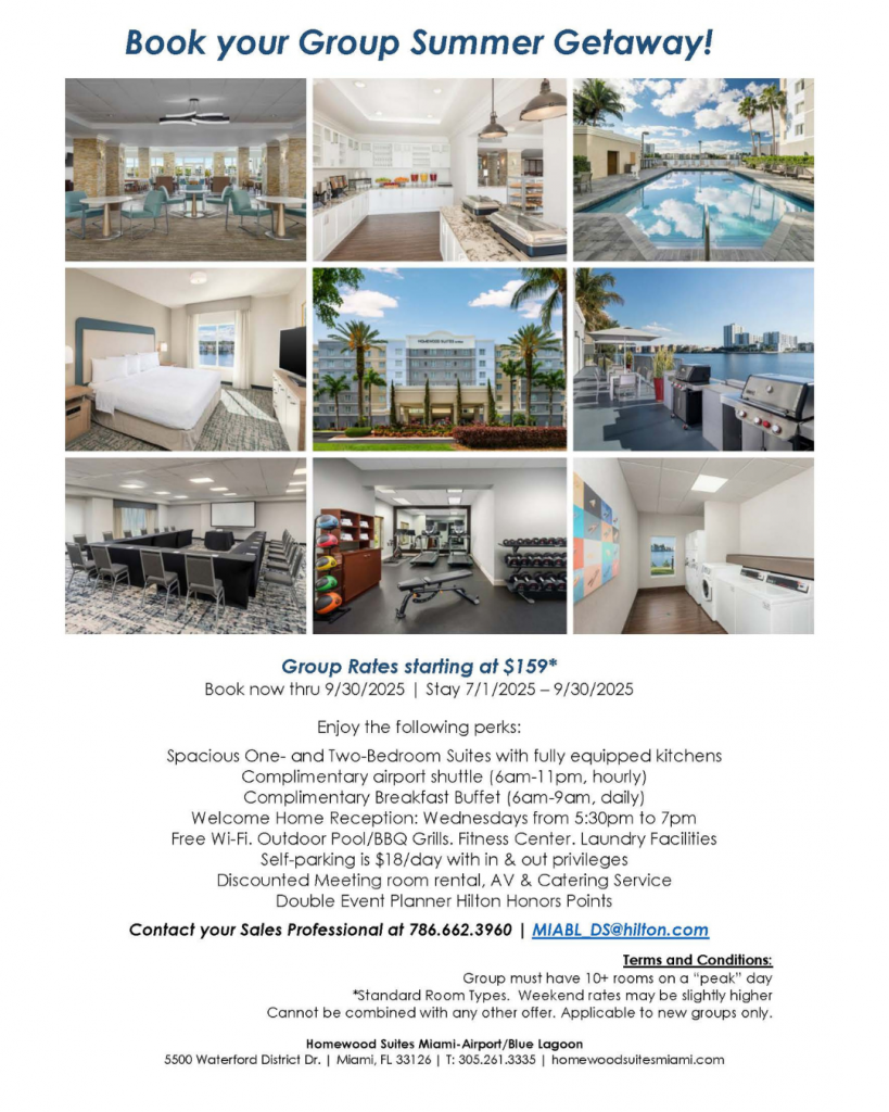 Homewood Suites Miami-Airport Blue Lagoon Book your Group Summer Getaway! ﻿Group Rates starting at $159*