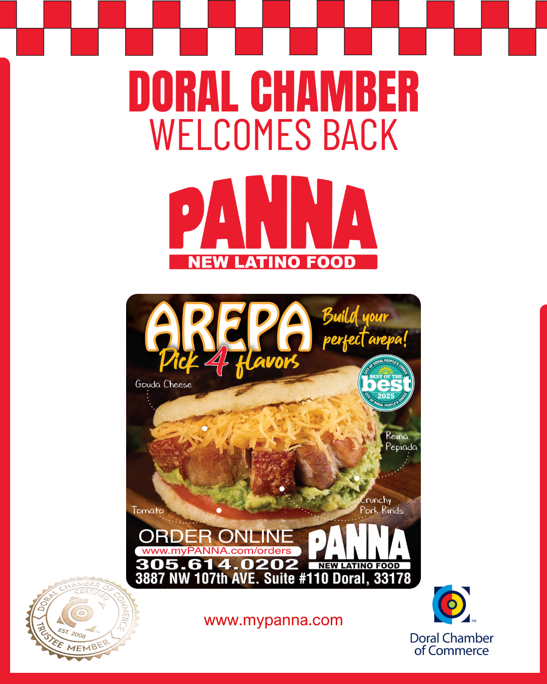 Doral Chamber of Commerce Proudly Welcomes Back PANNA NEW LATINO FOOD as a Trustee Member.