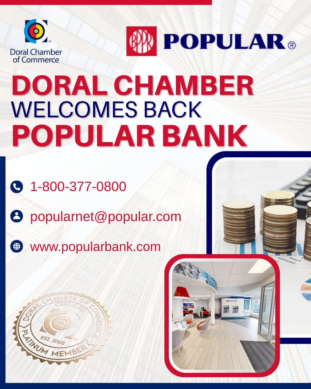 Doral Chamber of Commerce Proudly Welcomes Back Popular Bank as a Platinum Member.