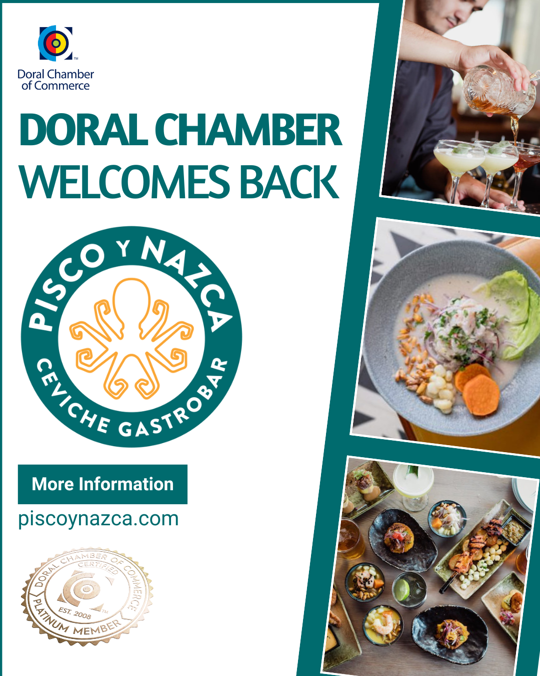 Doral Chamber of Commerce Proudly Welcomes Back Pisco y Nazca Ceviche Gastrobar as a Platinum Member.