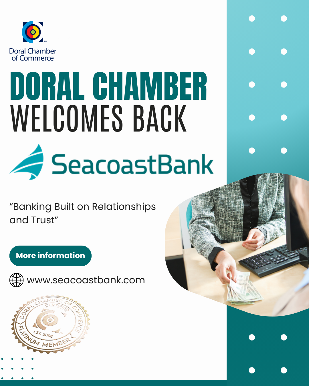 Doral Chamber of Commerce Proudly Welcomes Back Seacoast Bank as a Platinum Member.