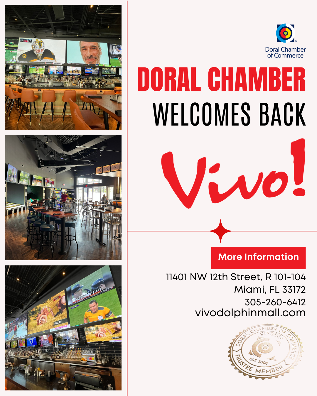 Doral Chamber of Commerce Proudly Welcomes Back Vivo! Dolphin Mall as a Trustee Member.