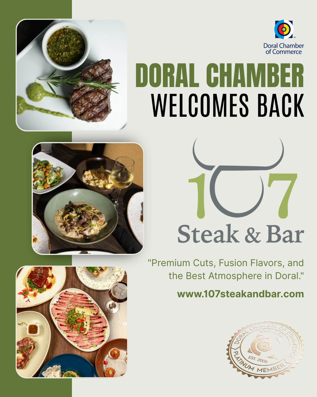 Doral Chamber of Commerce Proudly Welcomes Back 107 Steak & Bar as a Platinum Member.