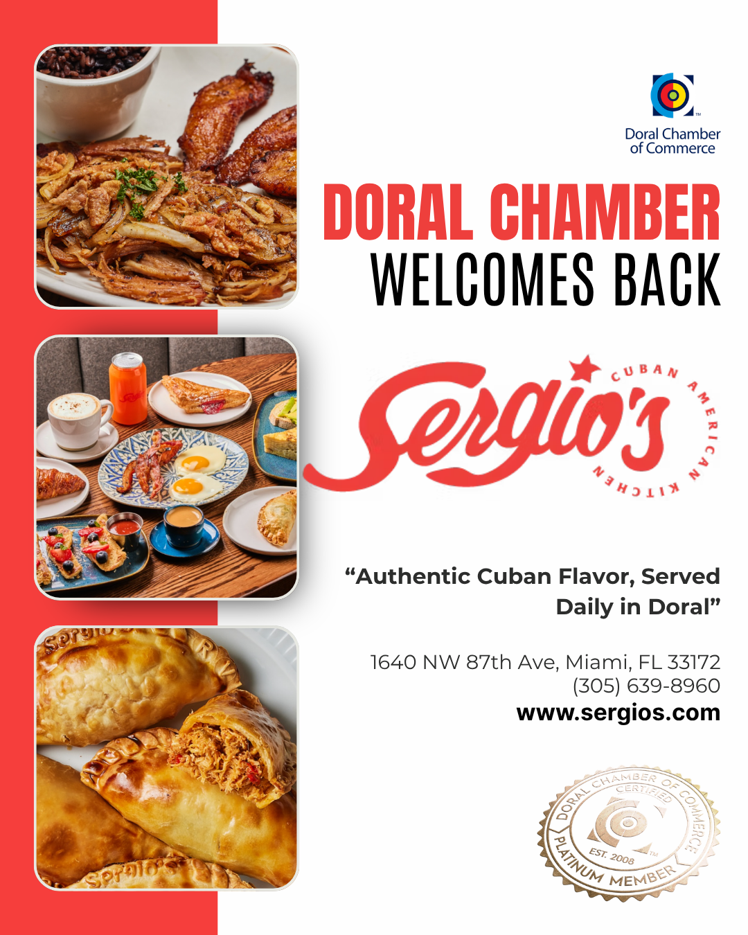 Doral Chamber of Commerce Proudly Welcomes Back Sergio’s Restaurant as a Platinum Member.