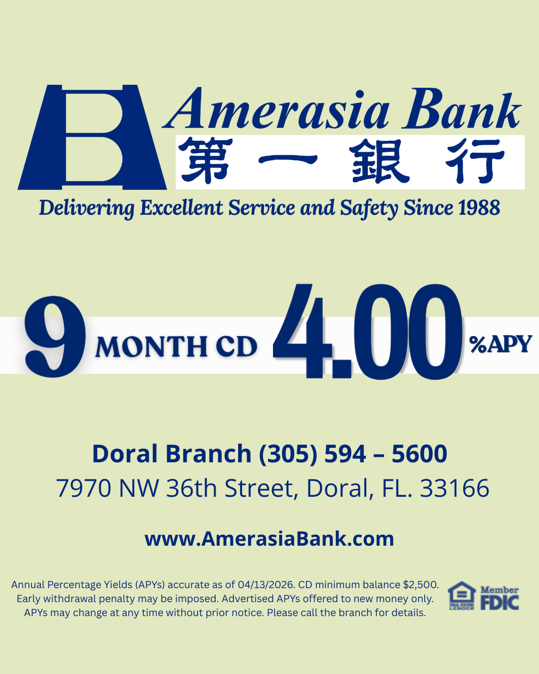 9-Month CD at 4.00% APY | Amerasia Bank Doral