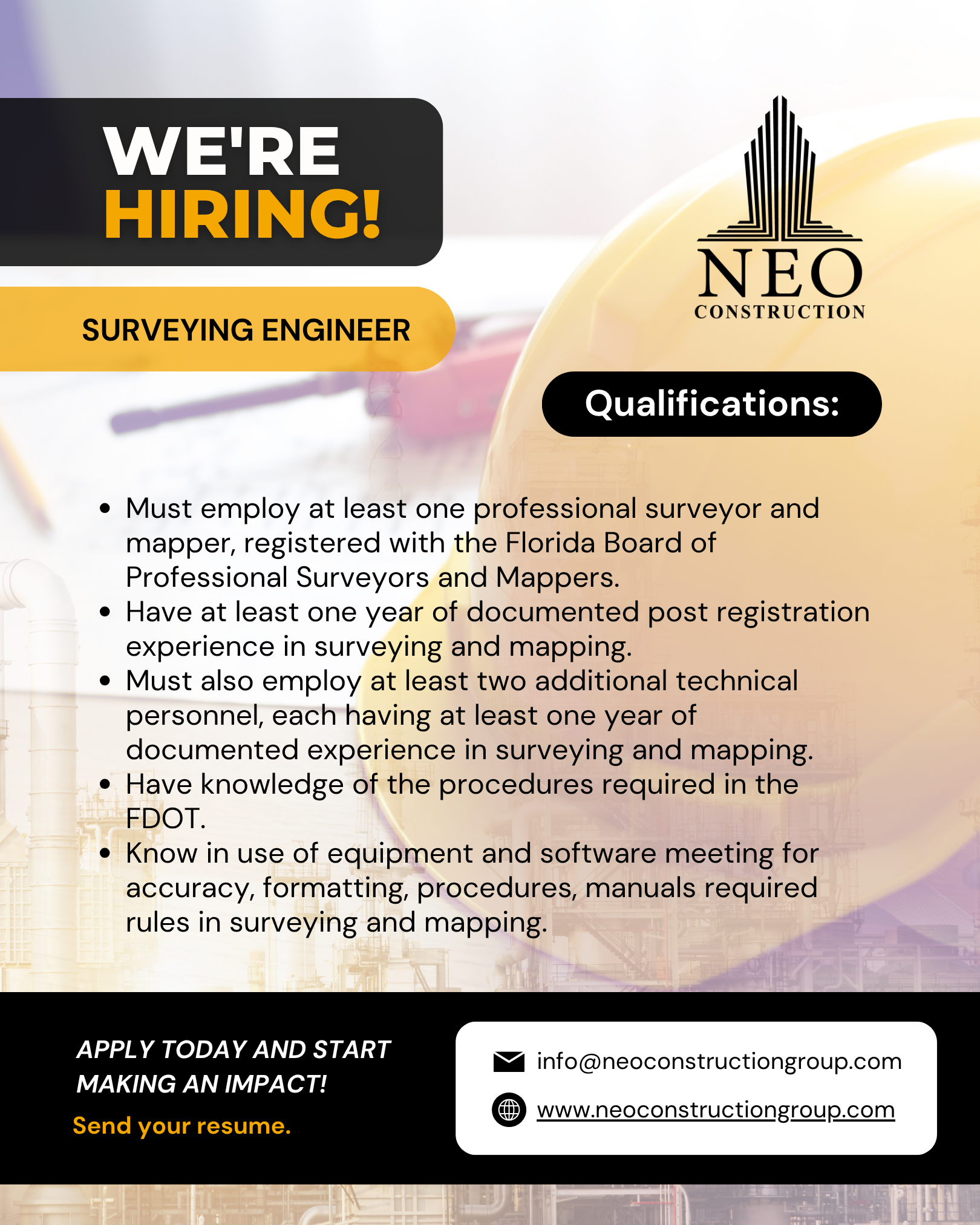 Neo Construction Corp. Is Looking For a Surveying Engineer!