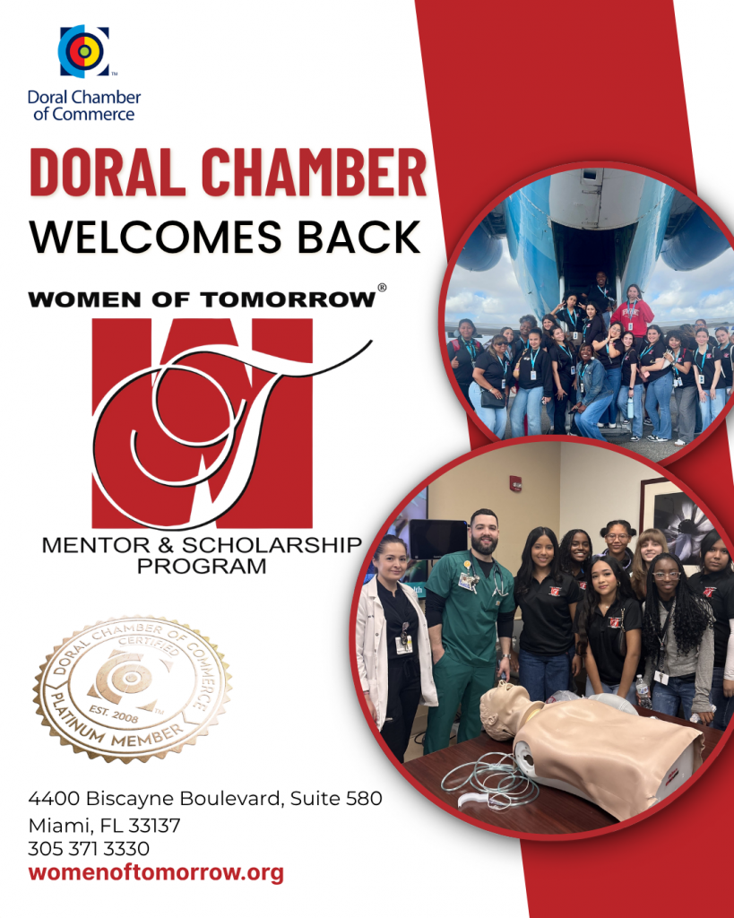 Flyer red and white with announcement of Doral Chamber of Commerce Proudly Welcomes Back Women of Tomorrow as a Platinum Member.