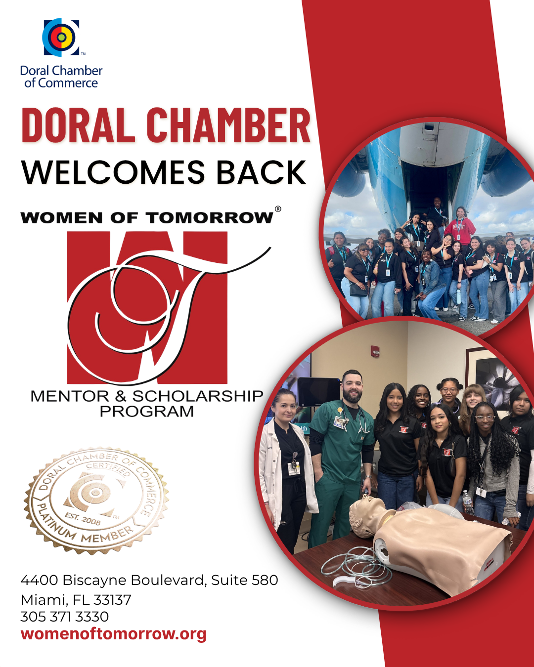 Flyer red and white with announcement of Doral Chamber of Commerce Proudly Welcomes Back Women of Tomorrow as a Platinum Member.