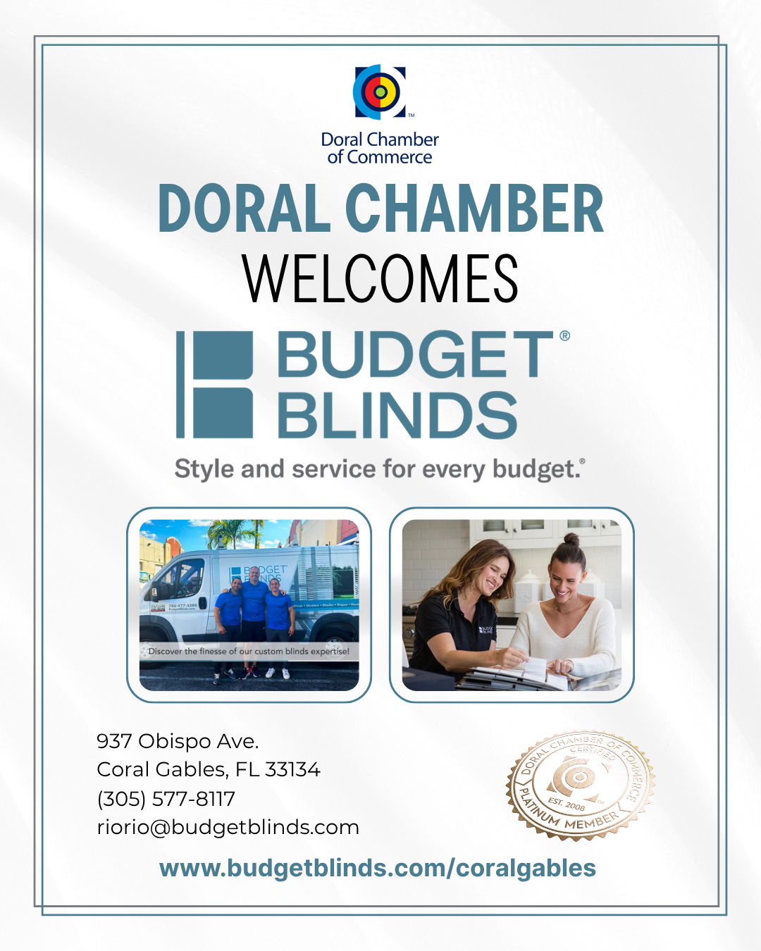 Doral Chamber of Commerce Proudly Welcomes Budget Blinds of Coral Gables as a Platinum Member.