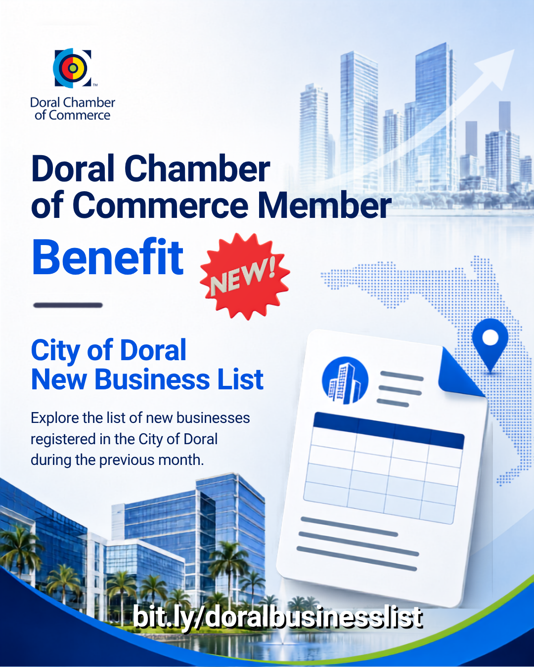 Doral Chamber of Commerce New Businesses in the City of Doral Explore the list of new businesses registered in the City of Doral during the previous month. View the list online or download a Microsoft Excel copy for your records.