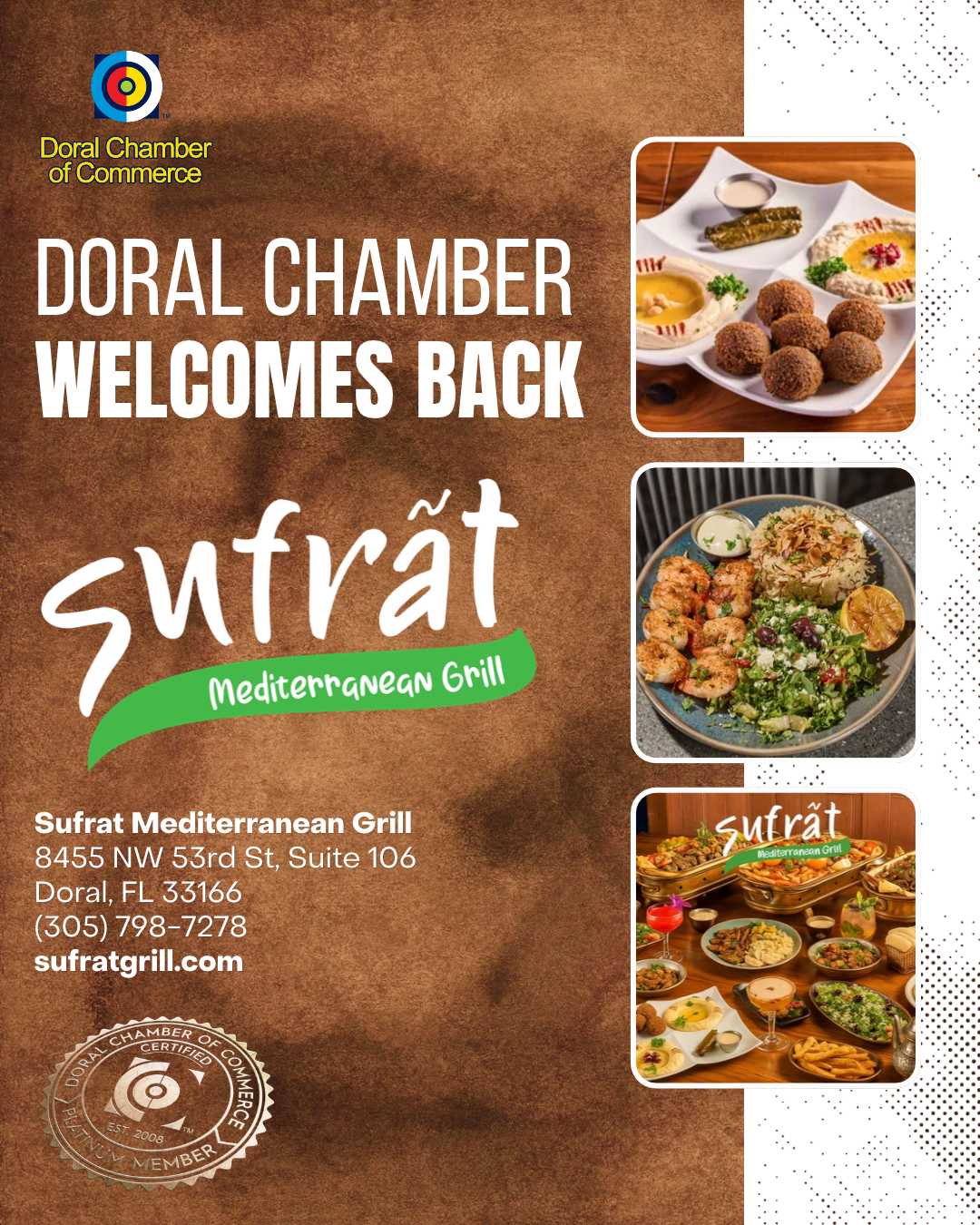 Doral Chamber of Commerce Proudly Welcomes Back Sufrat Mediterranean Grill as a Platinum Member.